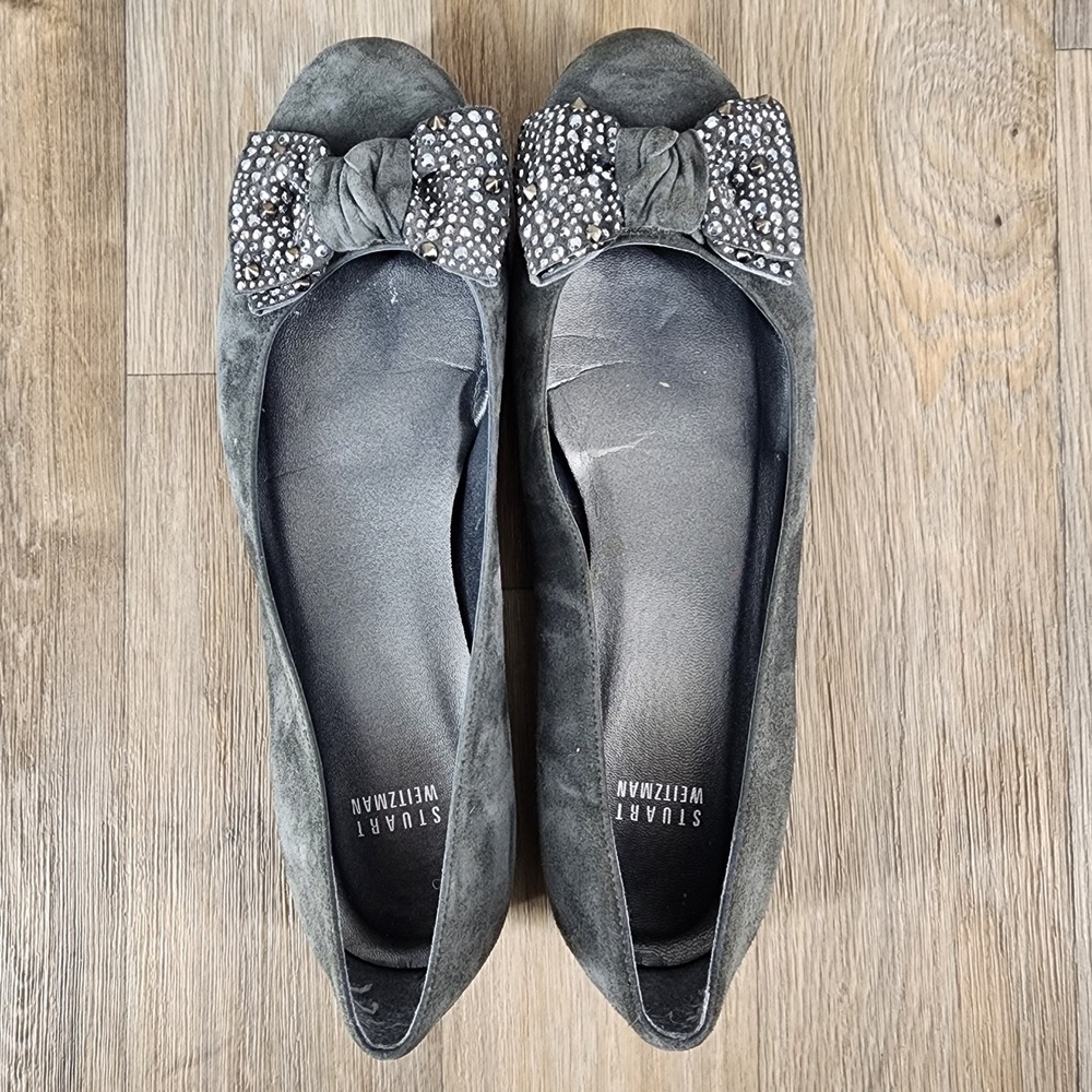 Stuart Weitzman Gray Suede Bow Flats with Crystal Accent